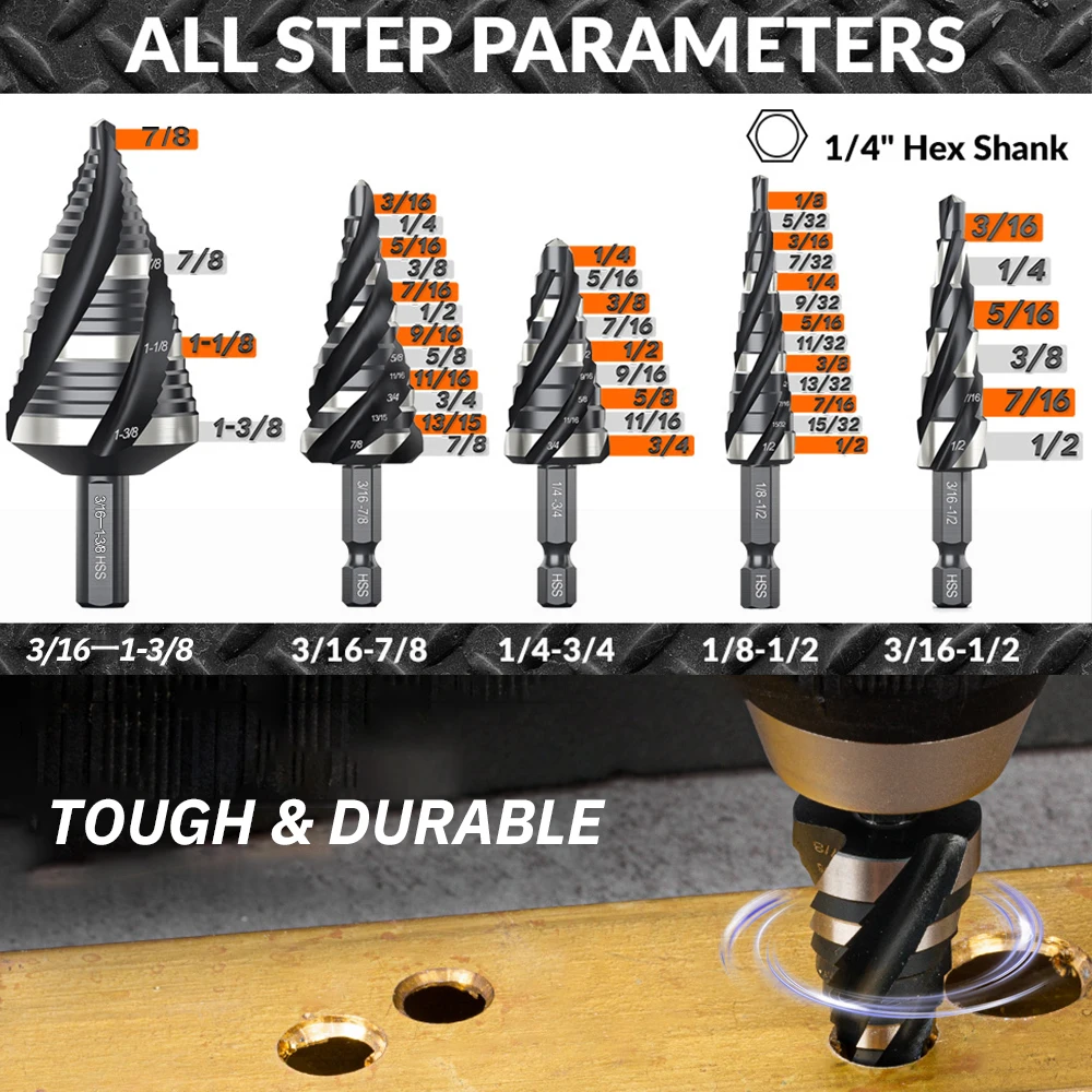 HSS Spiral Step Drill Bit Set Multiple Sizes with Hex Shank High Hardness for Metal Sheet & Plastic Hole Expanding