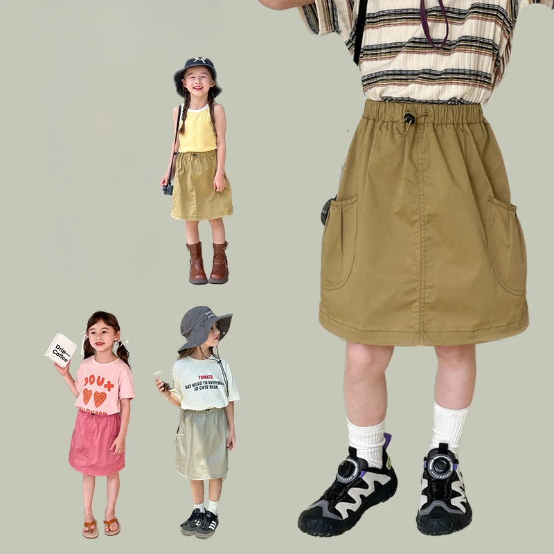 

Girl Skirts 2024 Summer New Children Skirt Children Baby Girls Korean Style Fashion Casual Solid Color Pocket Cargo Style Skirt