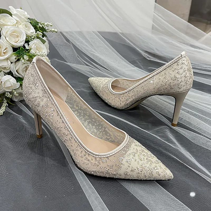 Bridal Shoes Lace Heel Bling Bling Lace-Up Pointed Pumps Sandals Ladies Slip On Bride Casual Gold Toe African Fine Slip-On Beige