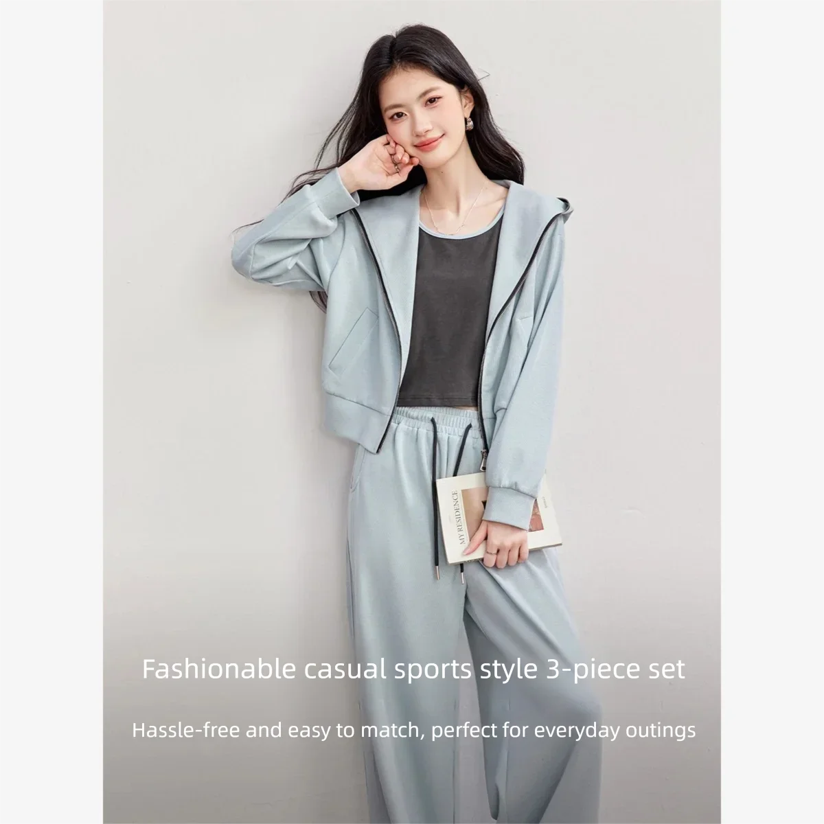 VIMLY Fashion Casual Sporty Three-piece Set for Women 2026 Autumn New Hooded Outerwear Tank Top Long Baggy Pants Outfit 31528