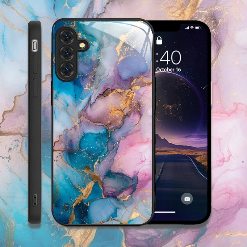 Luxo padrão de mármore caso de telefone vidro temperado para samsung a35 a55 a54 a13 a03 a15 a25 a71 4g 5g duro à prova de choque proteger capas
