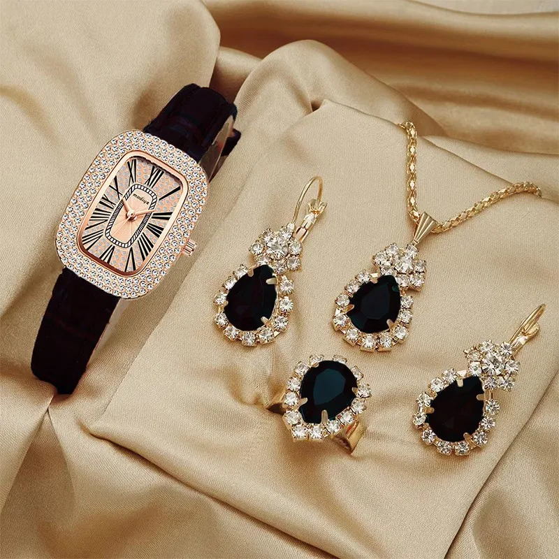 Kegllect женские часы в стиле барокко со стразами, кварцевые часы, прямоугольная стрелка, аналоговые наручные часы и комплект ювелирных изделий из 4 предметов, подарок для мамы и нее