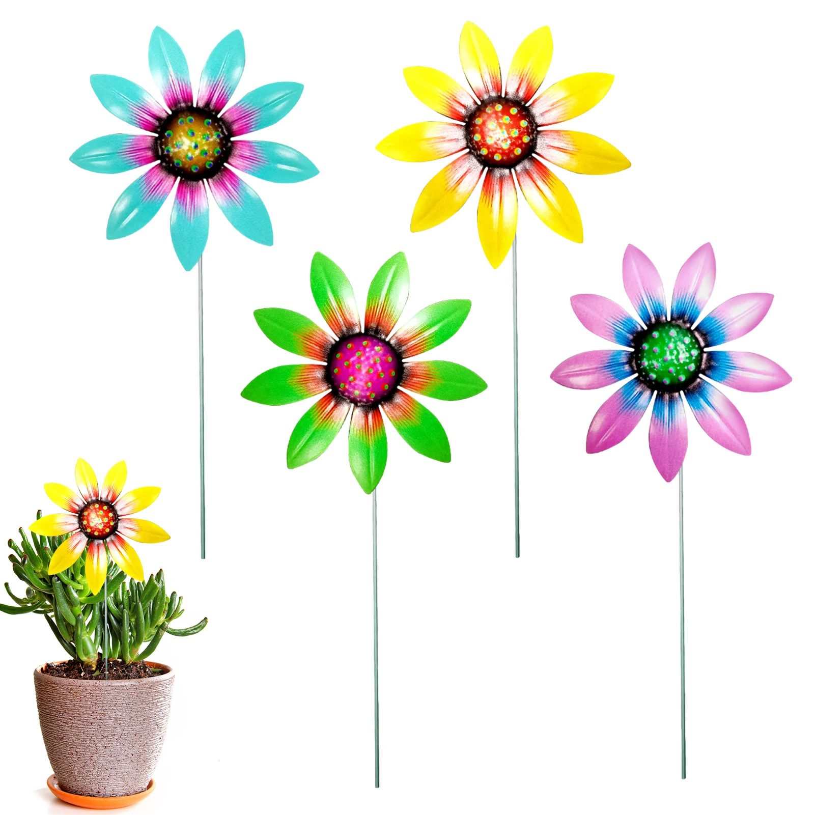 4Pcs Suower Windmill Metal Rotating Suower Wind Spinner With Stake Standing Lawn Outdoor Garden Decor Flower Pots Decor