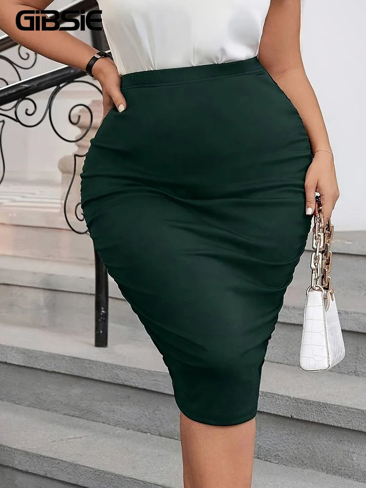 

GIBSIE Plus Size Solid Ruched Bodycon Midi Skirt Women Summer Fashion Street Party Elegant High Waist Office Ladies Sexy Skirts