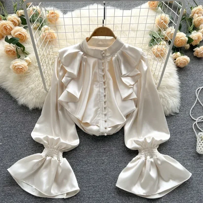 Fashion Korean White Blouse Women Blusas Stand Neck Chiffon Shirts Long Sleeve Ruffles Lace Blouses Vintage Elegant Femme Tops