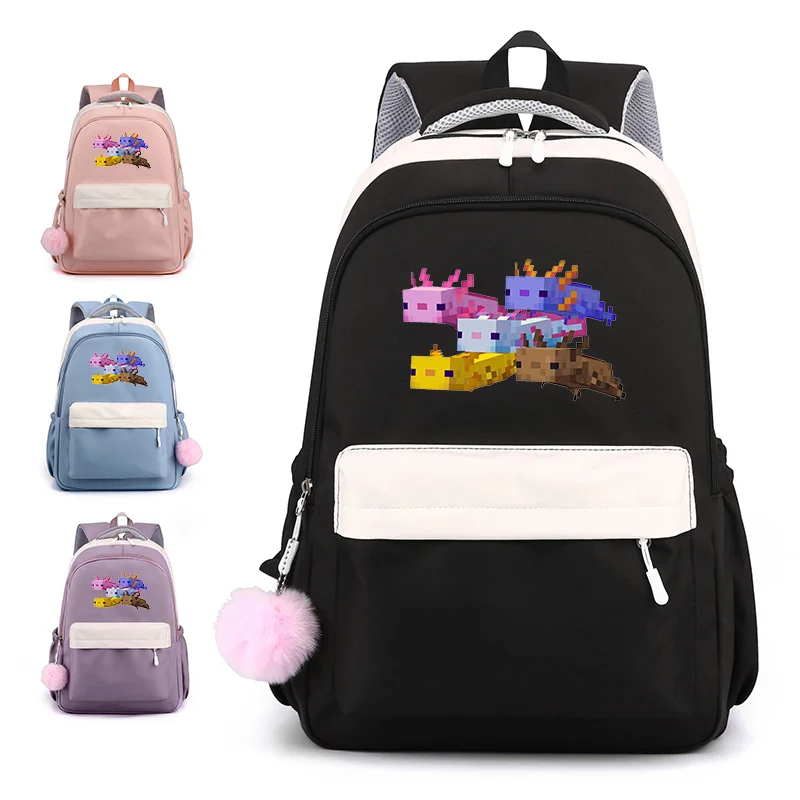 Mochila con patrón de dibujos animados Axolotl para adolescentes, mochila escolar informal, mochila con cremallera de gran capacidad