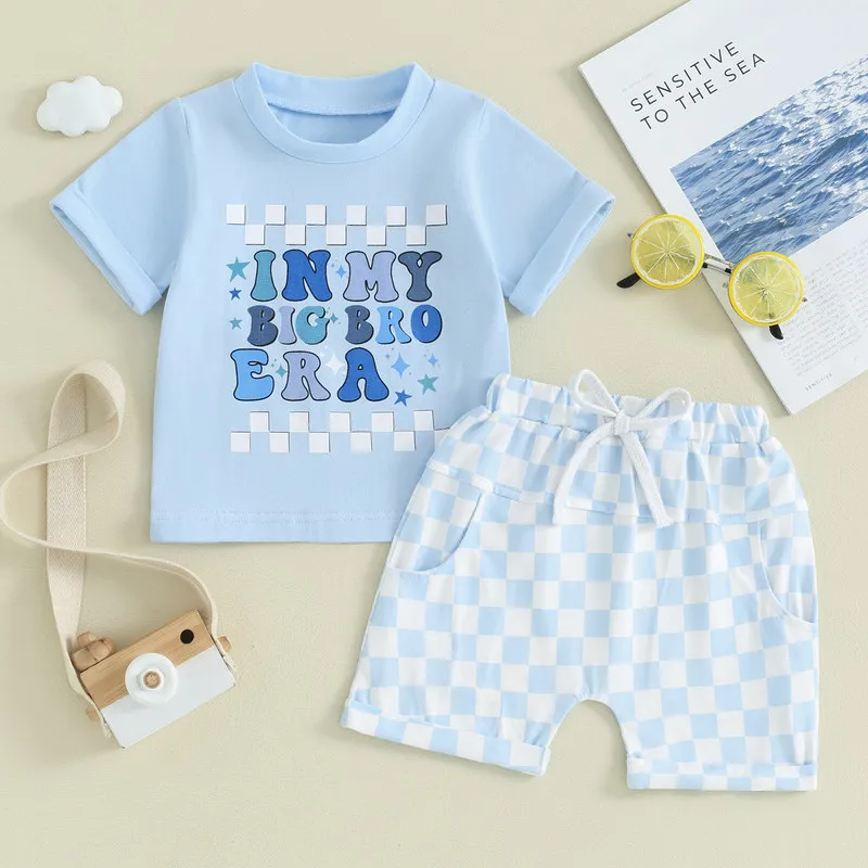 

Baby Boy Summer 2 Piece Set, Round Neck Short Sleeve Letter Print Tops + Elastic Waist Checkerboard Shorts Big Brother Outfits