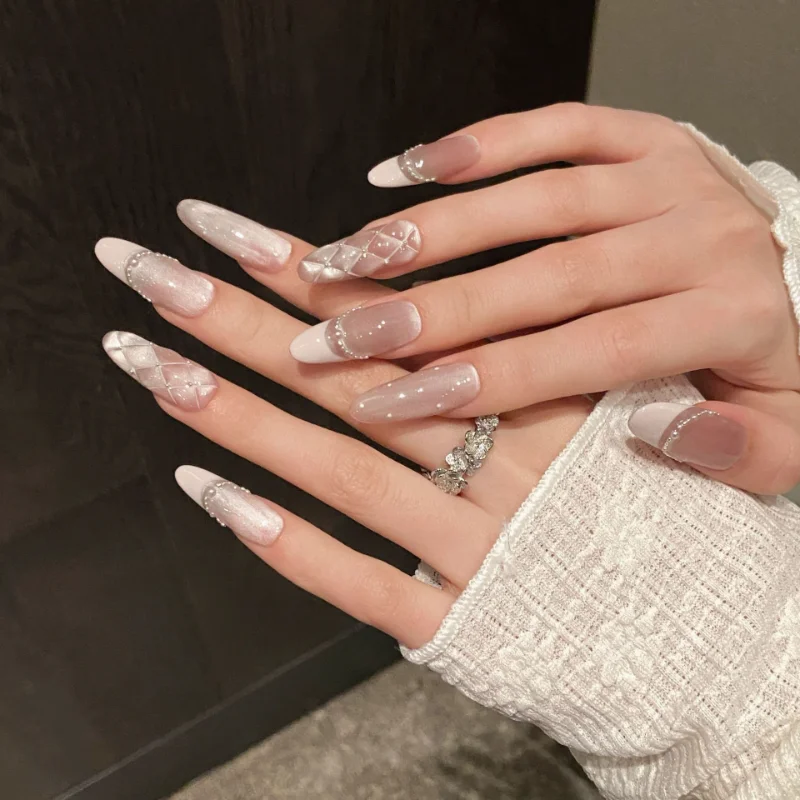 10pcs 수제 자체 접착 거짓 긴 손톱 프랑스어 진주 네일 팁 한국어 핑크 고양이 눈 손톱에 달콤한 프레스 접착제 손톱 2025