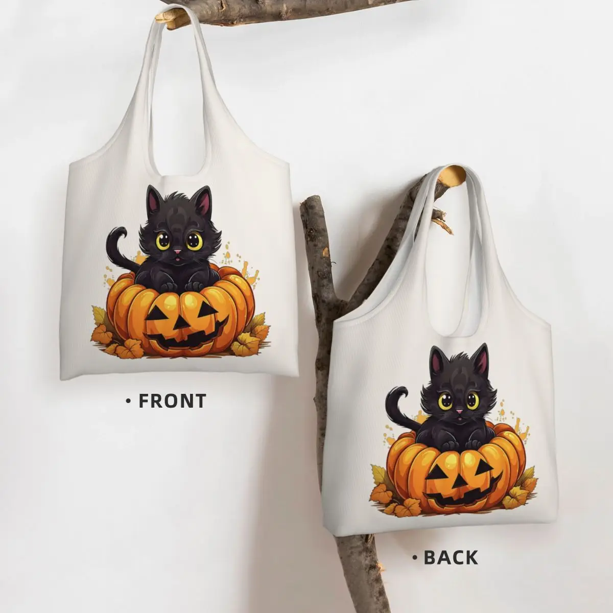 Adorable Halloween Kitty Funny Halloween Print Cotton Tote Bag - Casual Commuter Shoulder Bag for Grocery Shopping