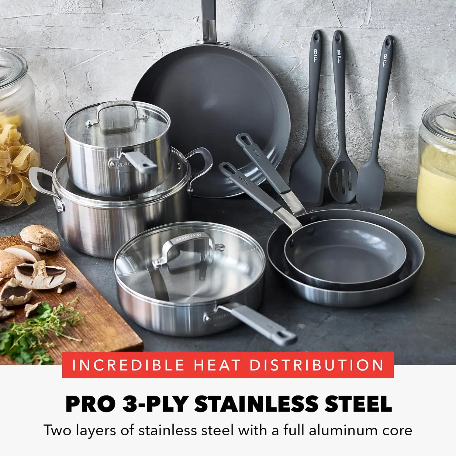 Greenpan X Bobby Flay Stainless Steel 12 Piece Cookware Pots And Pans Set, Professional Grade Tri Ply, Pfas-Free Ceramic