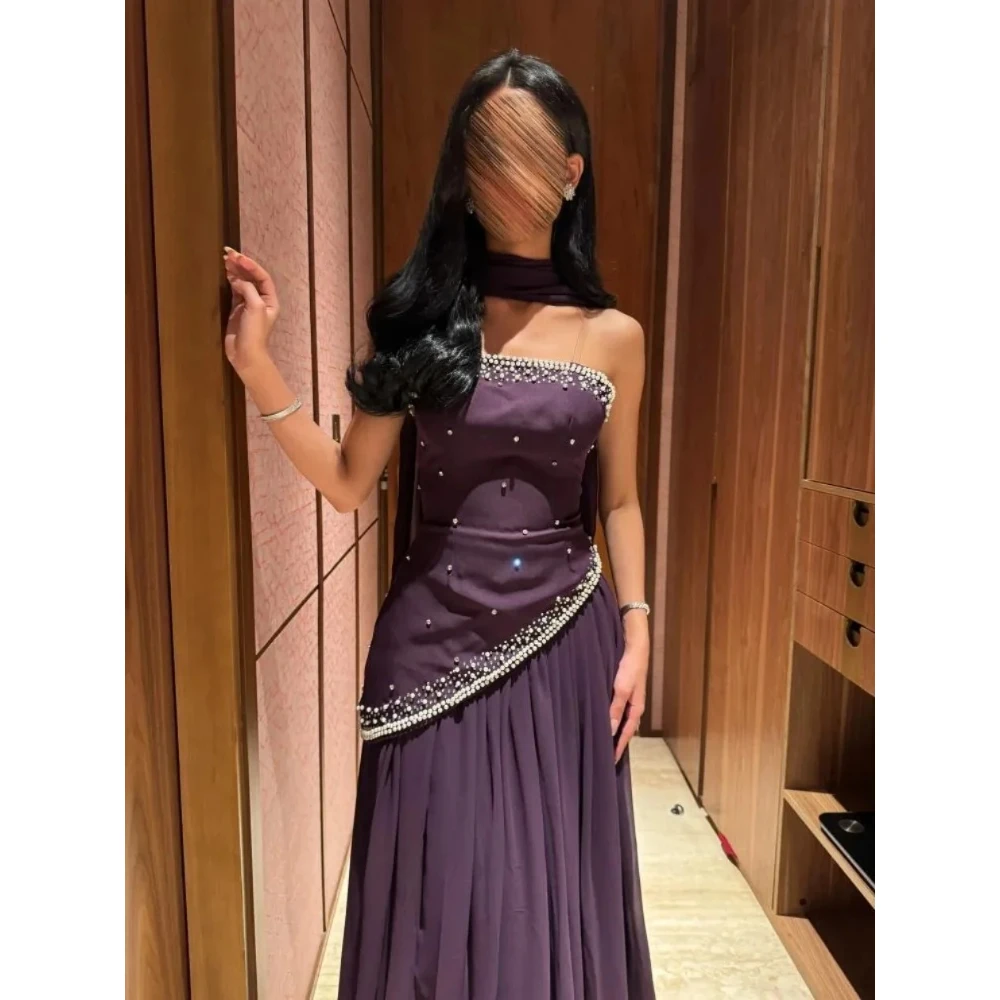 Grape Purple Evening Dress Strapless Beadings A Line Floor Length Elegant Formal Party Dresses with Scarf Prom Gown Customized