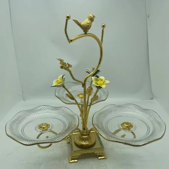 European three-layer fruit plate, modern living room coffee table dessert rack ornament, golden dessert table, fruit snack cake