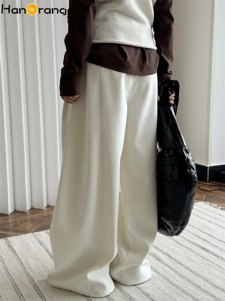 HanOrange 2024 Winter Fashion Wide Leg Pants Women Drop Feeling Thickened Trousers White/Gray