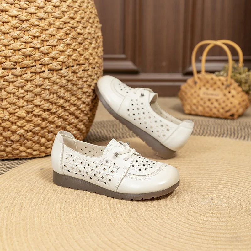 

Women's Breathable Hollow Out Leather Casual Shoes Soft Sole Non-slip Flat Loafers Lace Up Comfortable Walking Shoes for Summer