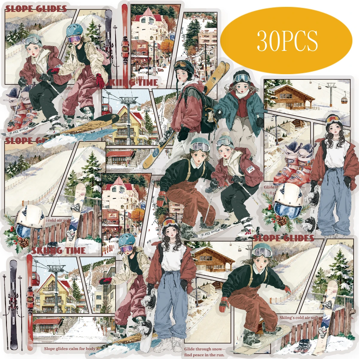 Etori Life Ski Time 30 Stück coole Aufkleber mit Skimotiven, personalisierte Stimmungs-Aufkleber für Notizbücher, Handy-Aufkleber, Gepäck, Scrapbooking-Zubehör, DIY-Bastelarbeiten, Geschenktüten für