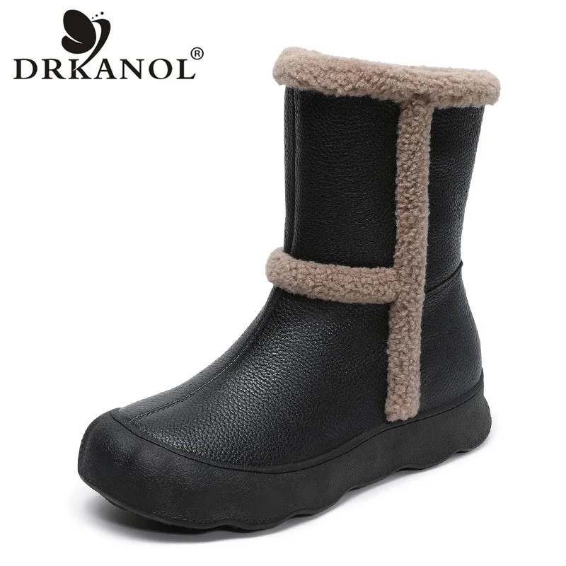

DRKANOL женские зимние теплые зимние ботинки 2025 года в стиле ретро на толстой подошве из натуральной кожи без шнуровки на плоской подошве, плюшевые повседневные хлопковые ботинки до середины икры
