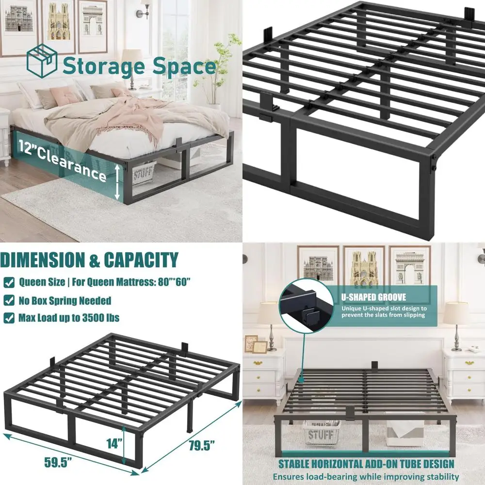 

14 Queen Metal Bed Frame, 3500 lbs Capacity, Steel Slat Support, No Box Spring, Quiet & Easy Assembly