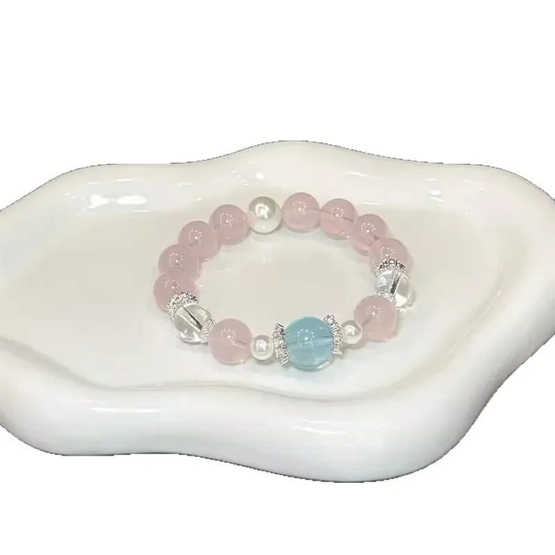 "Taozhi Xixi" Natural Aquamarine Powder Crystal Beaded Peach Blossom White Crystal Premium Sense Bracelet Gift Female