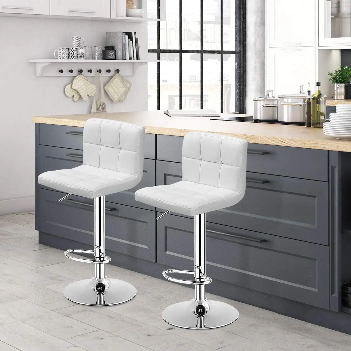 Bar Stools Set of 2, Modern Swivel Adjustable Height PU Leather Barstools with Back, Square Armless Counter Height