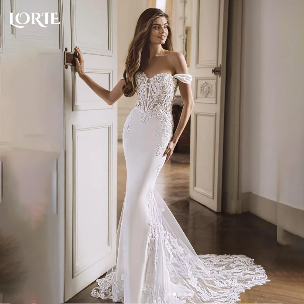 

LORIE Appliques A-Line Wedding Dress Shiny Off Shoulder Lace Bridal Gown Customized A-Line Floor Lenth Bride Dress Saudi Dress