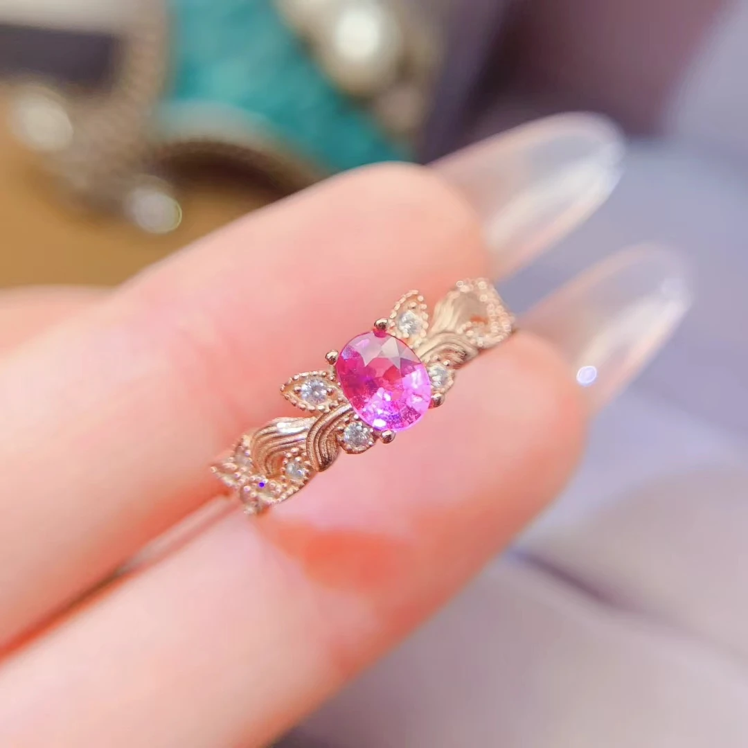 

Genuine Pink Sapphire Ring 4mm*6mm 0.5ct Natural Sapphire 925 Silver Ring with 3 Layers 18K Gold Plating Keep Shining