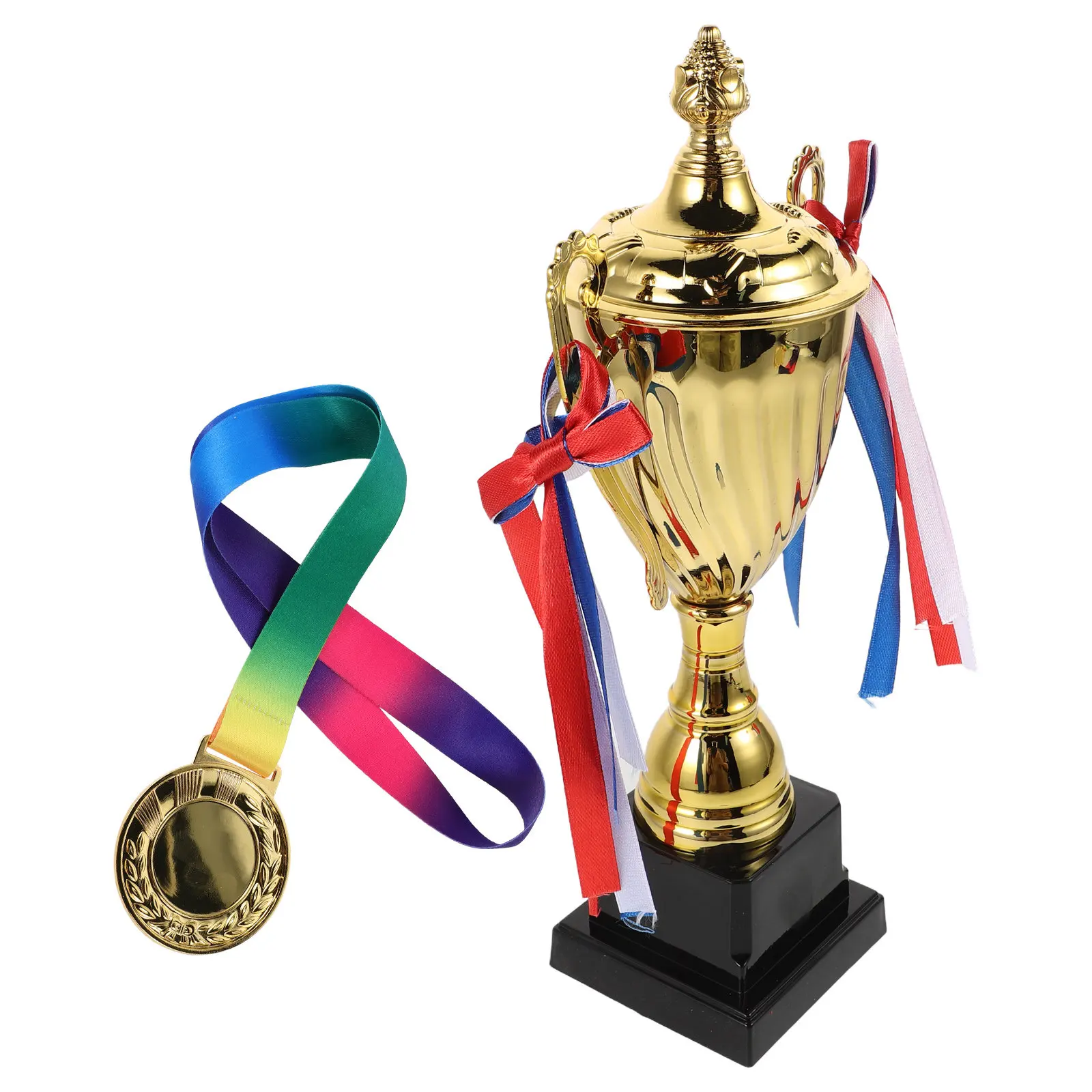 1Set Gold Sports Trophy Award Medal Combo Unique Design Athletic Competition Ceremony Championship Trophy Cup Medal Ribbon