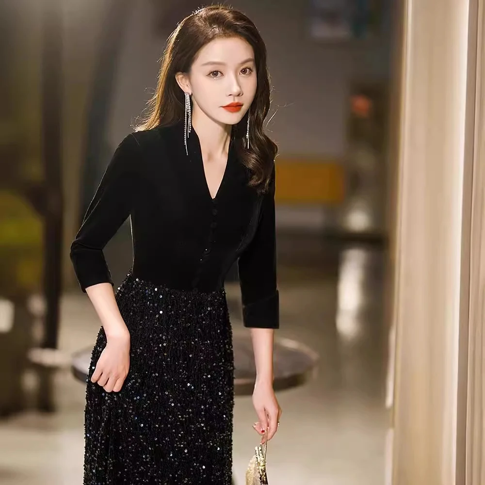 فستان سهرة أسود أنيق للنساء لخريف وشتاء على شكل حرف v نصف ياقة مرقعة مخملية ترتر على شكل حرف a فستان حفلات للحفلات
