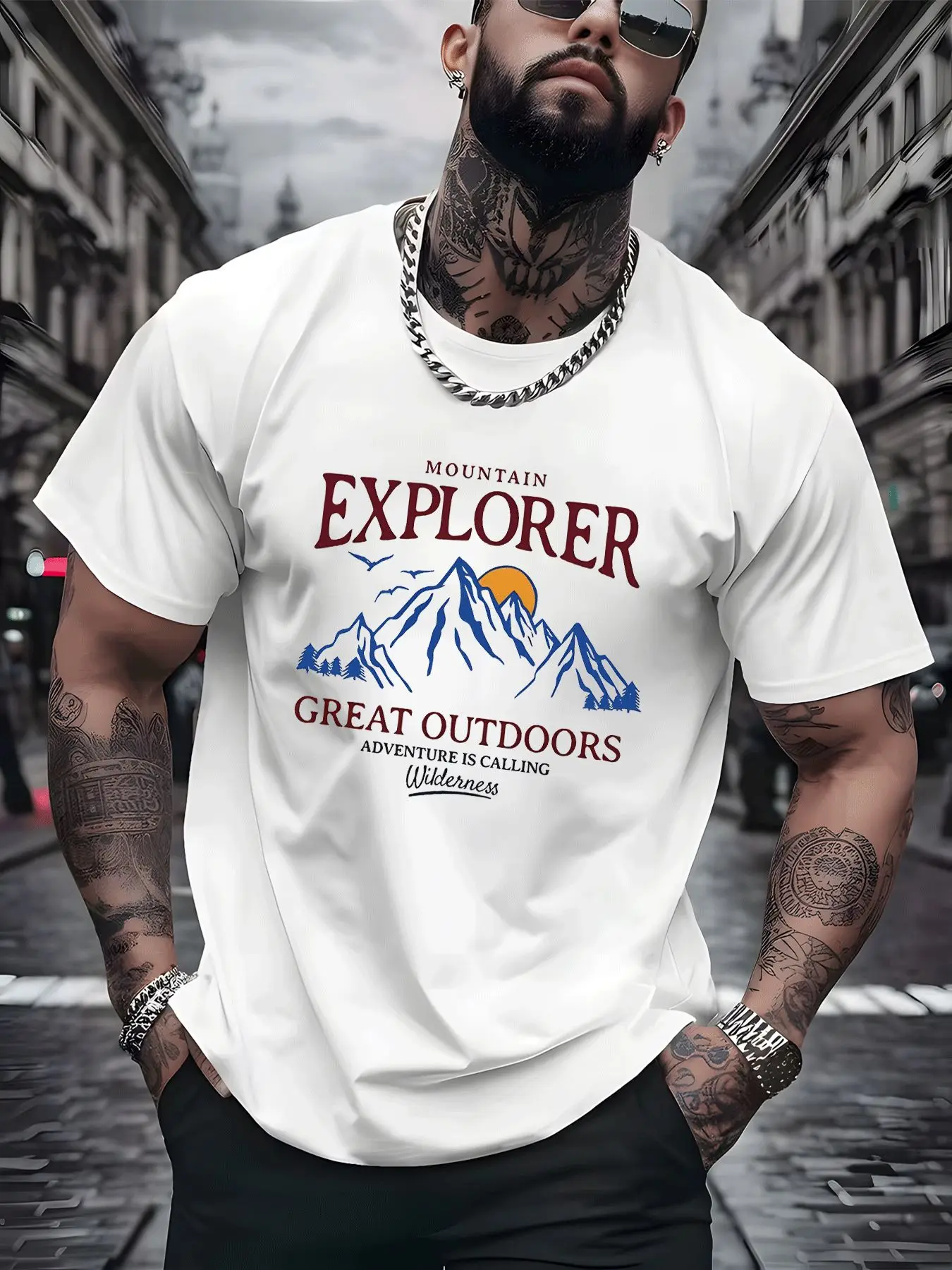 Mens Casual Short Sleeve T Shirt Mountain Explorer Wilderness Print Crew Neck Cotton Tee Loose Outdoor Summer Tops For Adult Guy