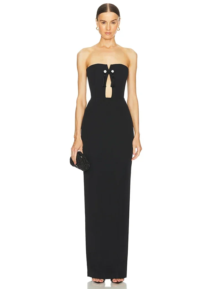 Sexy Strapless Tassels Hollow Out maxi Bnadage Dresses for Women Black Sleeveless Backless Bodycon celebrity Evening Party Gowns