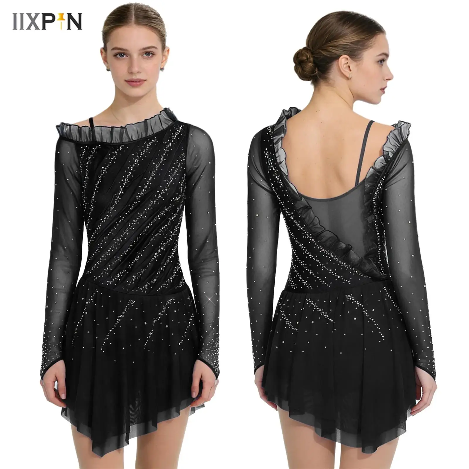 

Women Figure Ice Skating Dress Stage Lyrical Dance Costume Ballet Tutu Skirted Gymnastics Leotards Rhinestone Decor Dancewear