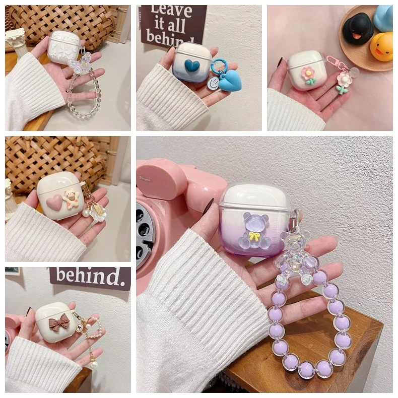 For EDIFIER Zero Air Case Cartoon Transparent Gradient Pattern Flower Heart Butterfly Bear Bow Keychian Silicone Earphone Cover