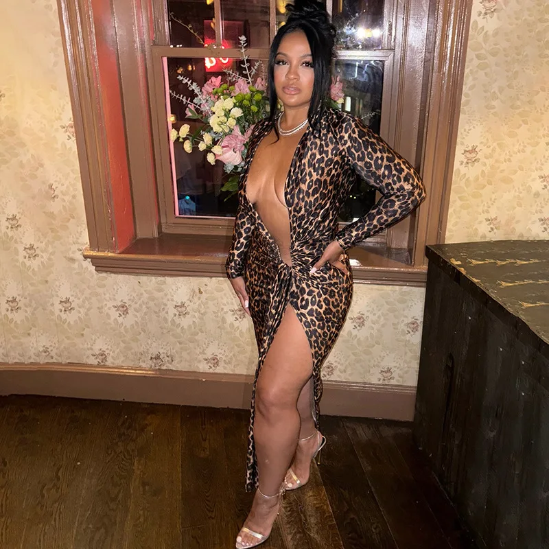 فستان ماكسي مثير بياقة على شكل V وأكمام طويلة للنساء بطبعة الفهد وفتحة عالية للحفلات فستان صيفي وخريف وليل للحفلات الراقصة Y2K