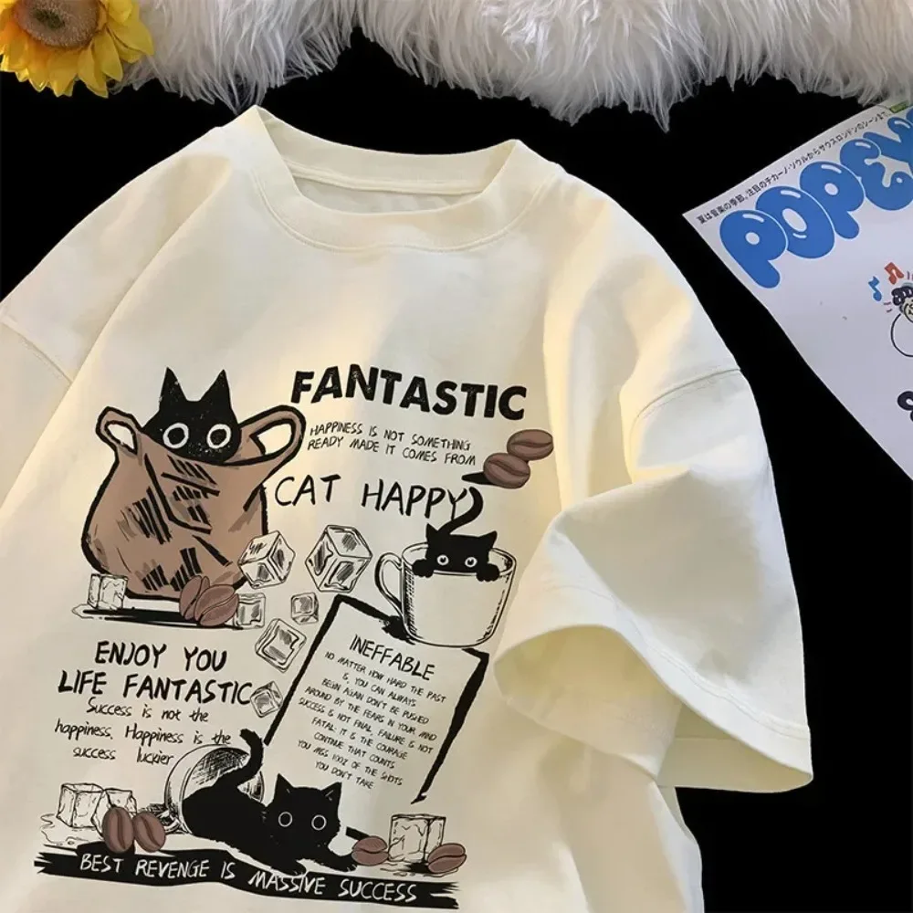 New  Women Fashion Round Neck T-shirt Korean version Cartoon Cat Group Printed Casual Short Sleeve Comfortable Casual Loose Fit