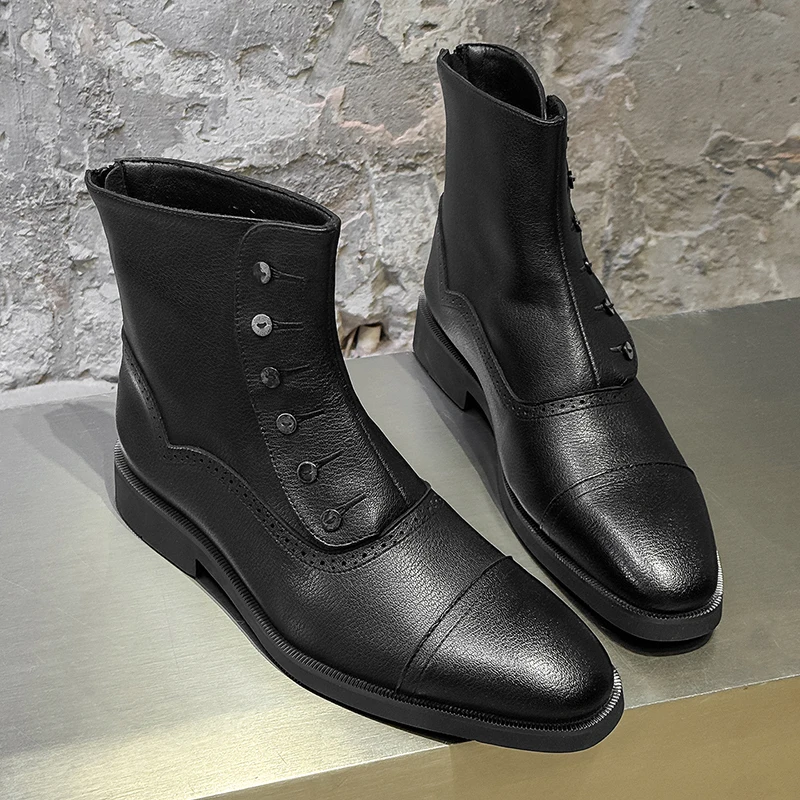 Autumn  Winter High-end Trend Chelsea Men Boots Niche Design Personalized Button Decoration Zipper Gentleman Retro Knight Boots