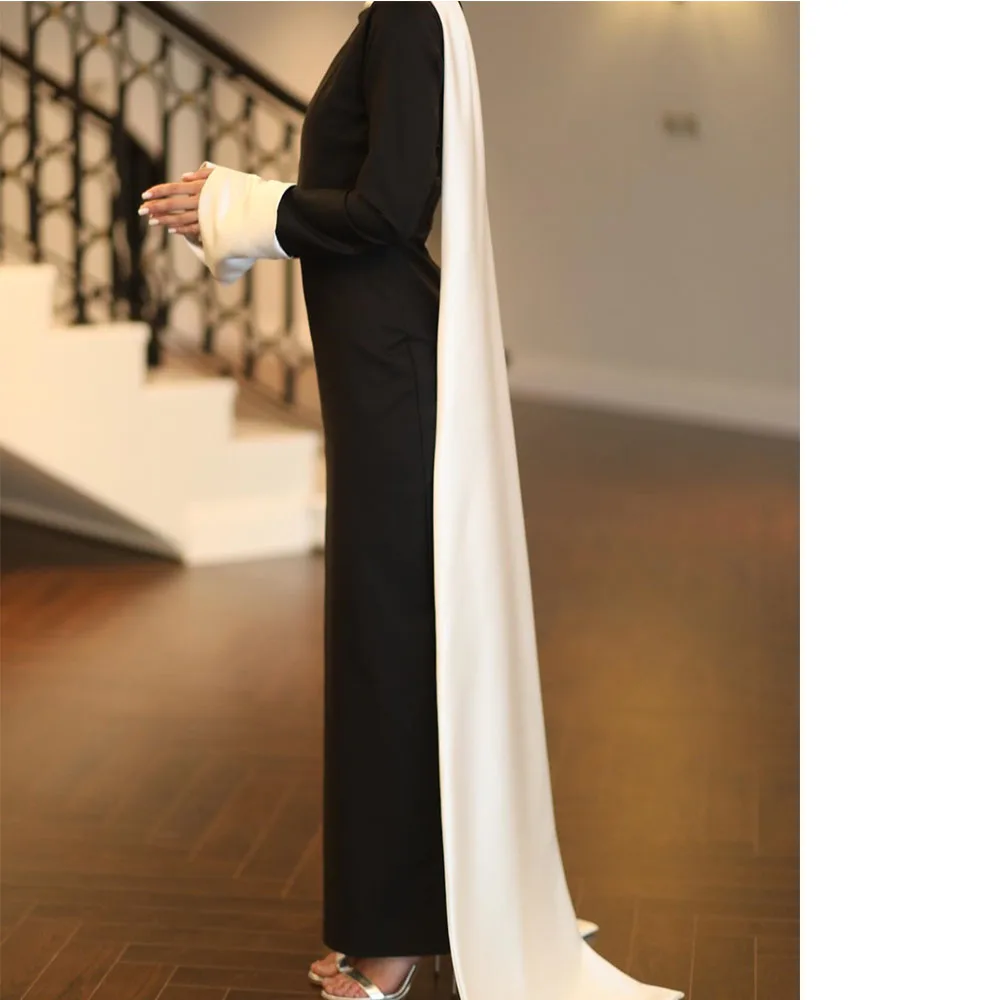 Customized Delicate Jersey Straight shawl Buttons Evening Dress High Collar Long Sleeves Floor Length Watteau Train Prom Gowns