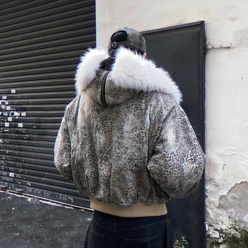 Fashion American Style Leopard Print Fur Collar Cotton Jackets Men Women 2025 Winter New Trendy Parkas Loose Comfort Warm Coats