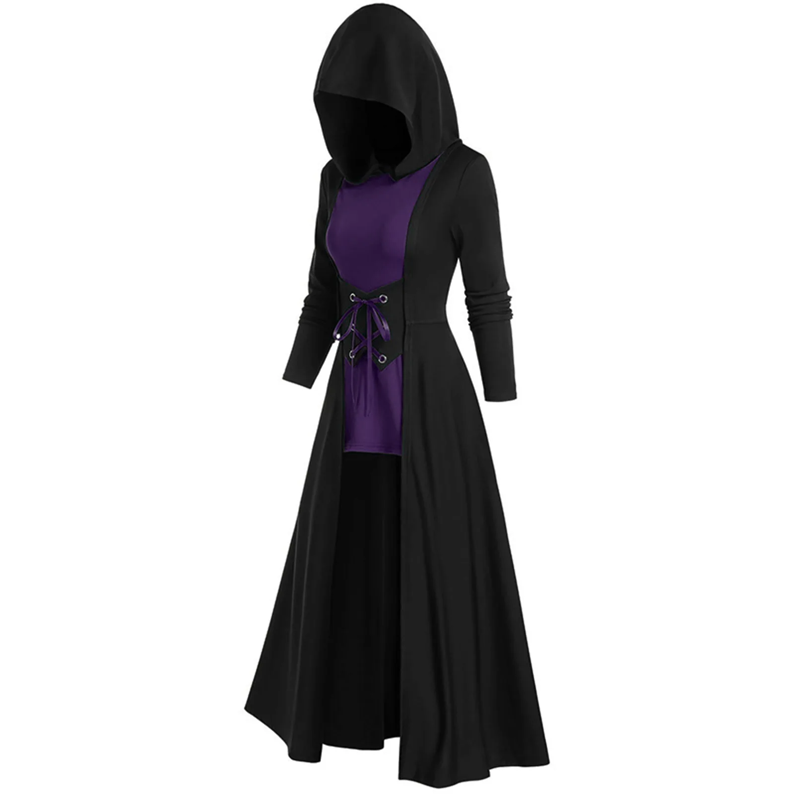 Vestido Vintage Medieval de otoño e invierno con cordones, bata con capucha, capa, caballero, mago gótico, vampiro, Cosplay, disfraz de Halloween