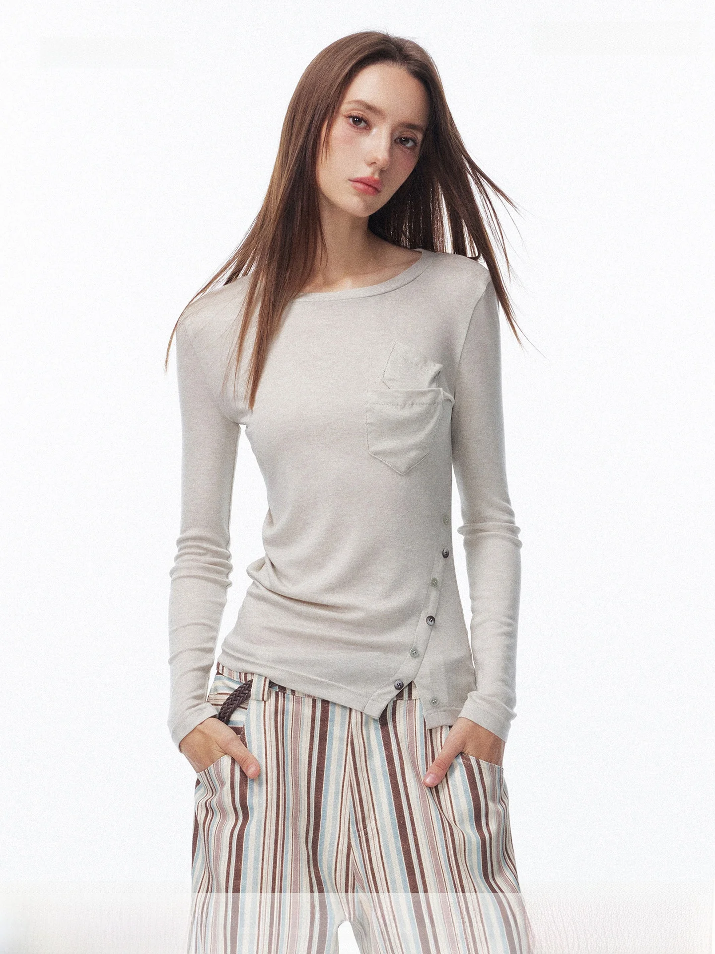 Camiseta de Mujer con Diseño Original Segi, Estilo Casual, Corte Ajustado, Manga Larga, con Bolsillo y Dobladillo Asimétrico de Lana para Primavera