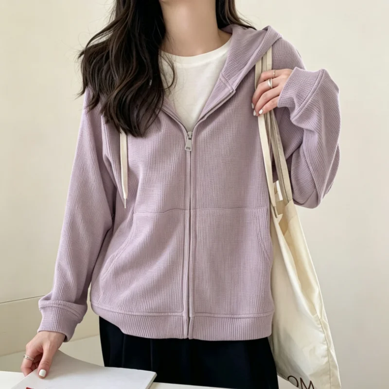 2026 New Preppy Style Hoodie For Women Spring Autumn Casual Fashion Chic Lazy Pockets Solid Waffle Pattern Hooded Zip Up Jacket