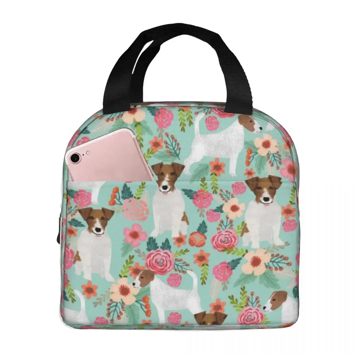 

Lunch Bags for Women Kids Jack Russell Vintage Florals Dog Insulated Cooler Bags Portable Picnic Travel Canvas Tote Food Bag