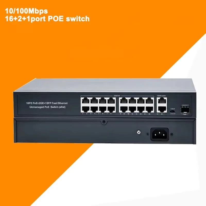 Unmanaged 330W Metal Desktop POE Switch 16 Ports 10/100Mbps 2 Uplink RJ45 1 SFP POE Networking 10/100Mbps 2 Networking Switch