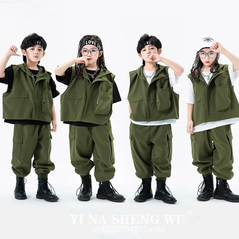 

Мужская одежда в стиле хип-хоп, куртка без рукавов, толстовка с капюшоном, армейский зеленый повседневный уличный бегун, брюки-карго для девочек и мальчиков, танцевальный костюм, одежда