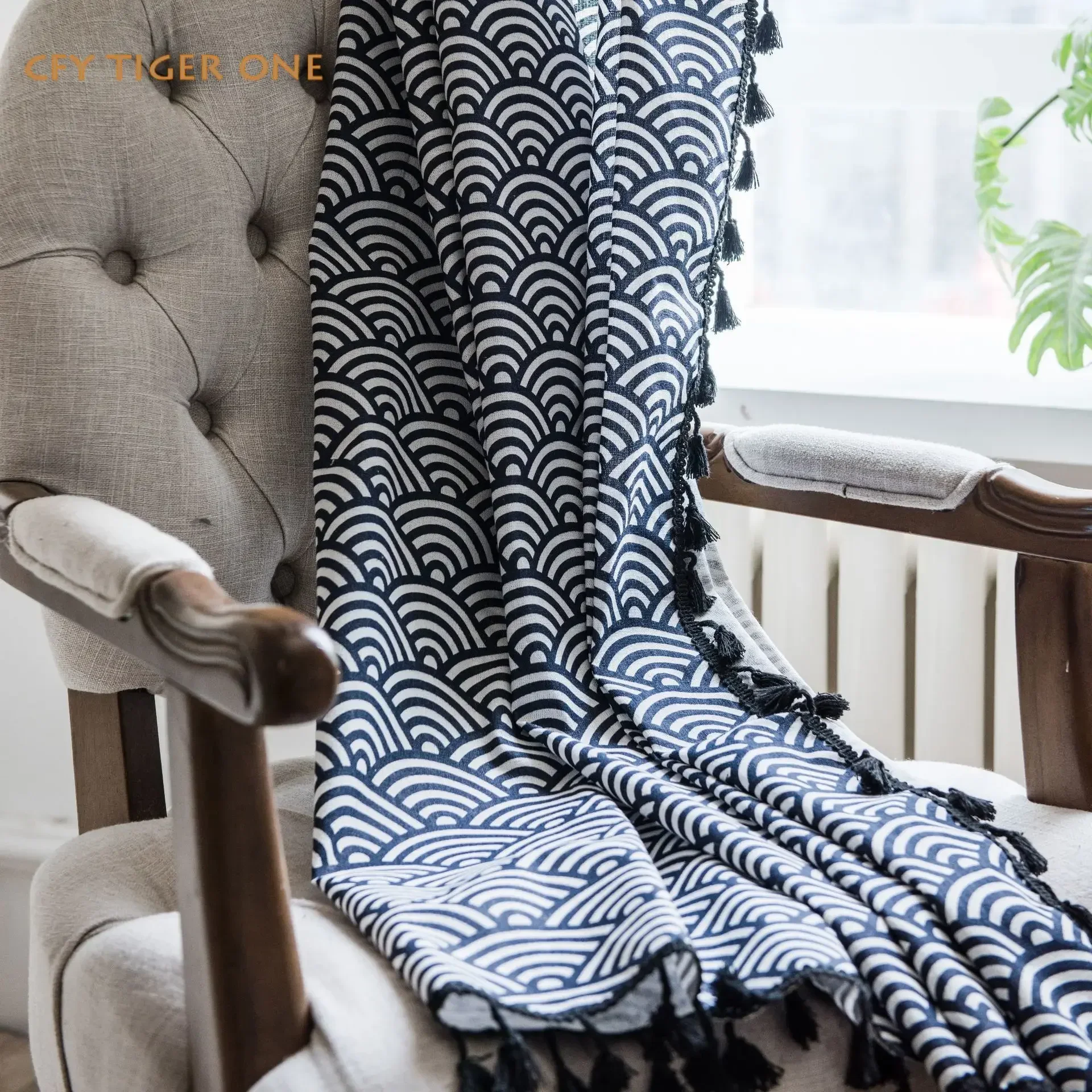 

Cotton Linen Curtain Japanese-style Navy Blue and Style Print Curtain Semi-shading Bay Blackout Window Bedroom Living Room