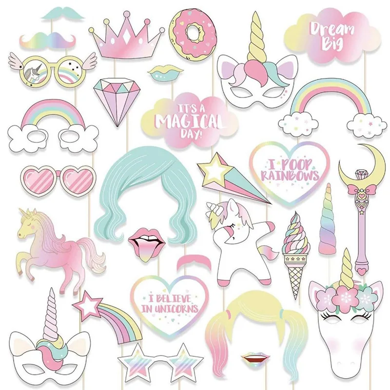 29pcs Unicorn Photo Booth Props for Girls Kids Unicorn themed birthday party Decorations