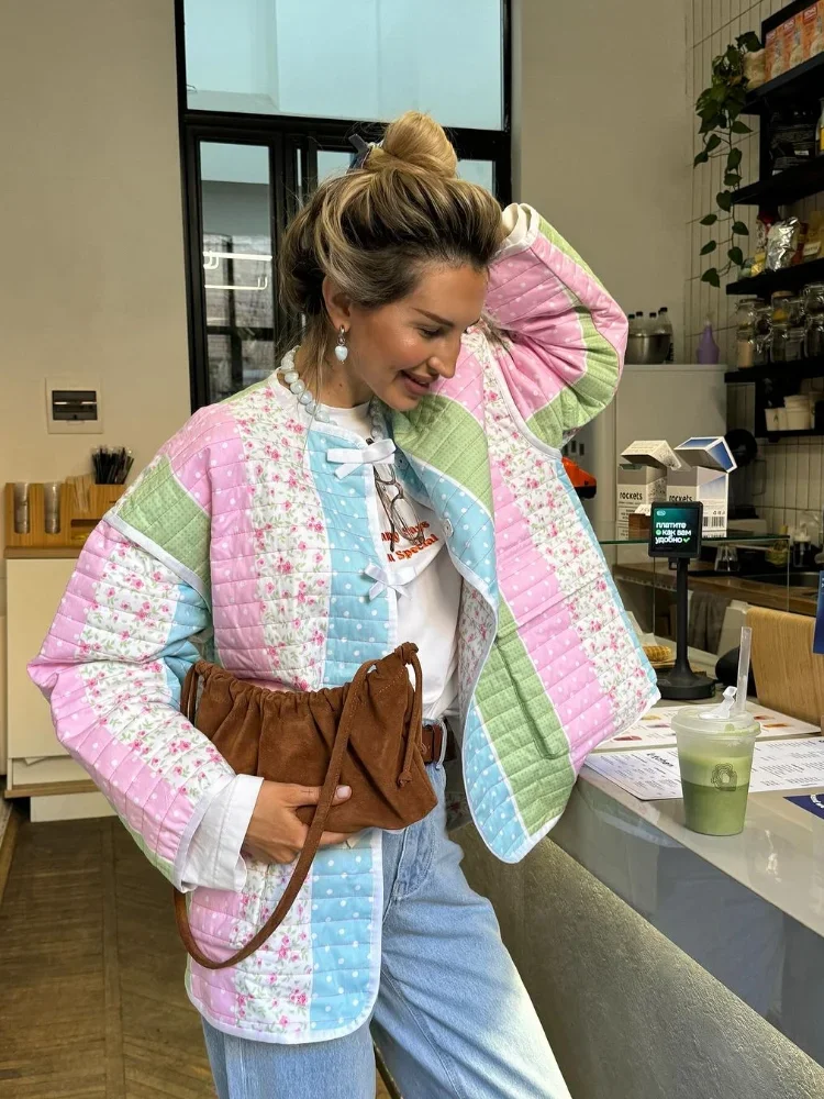 Dame kleurrijke bedrukte strik katoenen jas dames ronde hals enkele rij knopen jas met volledige mouw 2025, nieuwe mode dagelijkse straat uitloper