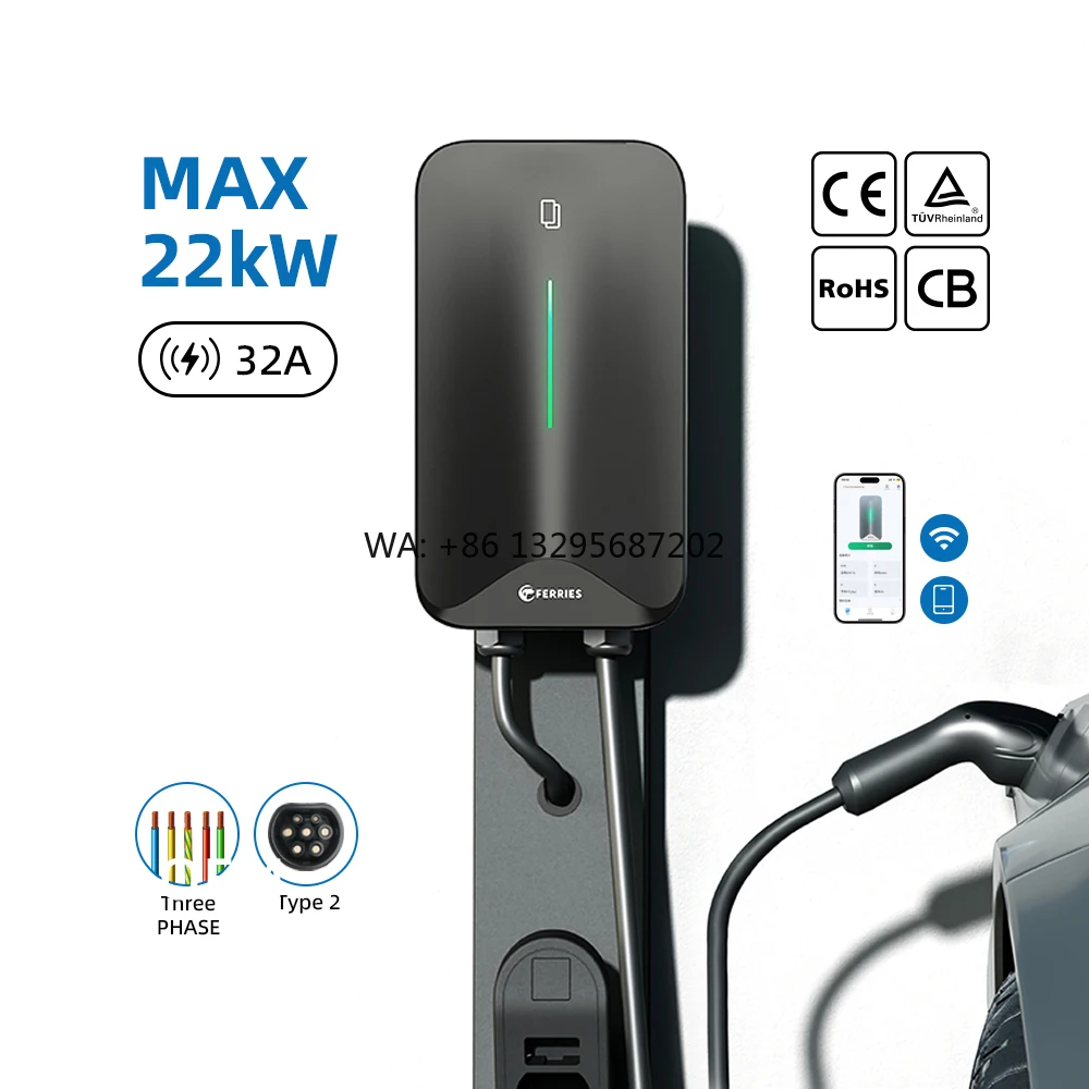 

Wallbox Ev Smart Home Car Charger 22kW 400v Three Phase Type 2 EV 32A Wifi APP Wall-mounted Vehicle Charging Station IP65 Rated