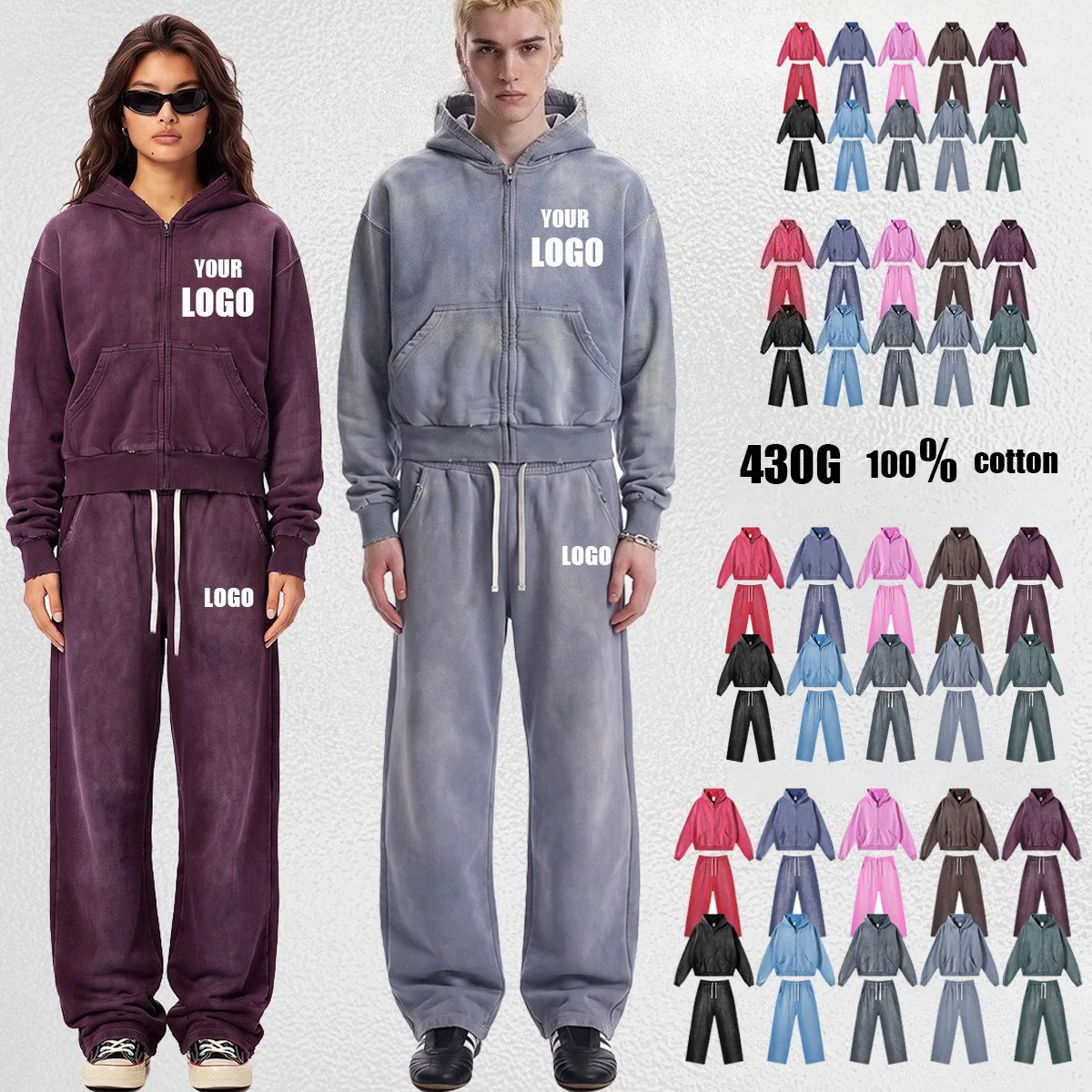 Pers LOGO Custom Men's 100% Cotton Autumn Winter New 430G  Spray Ma Liu Washed Frayed Sweater Sweatpants Casual Couple Suit