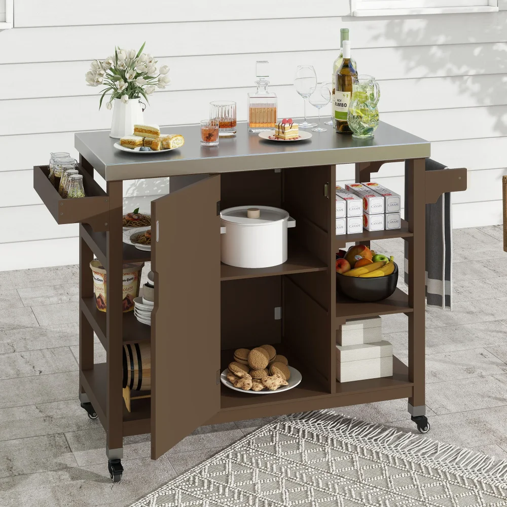 

Wood Kitchen Storage Cart with Stainless Steel Table, Outdoor Grill Cart with Storage, Brown