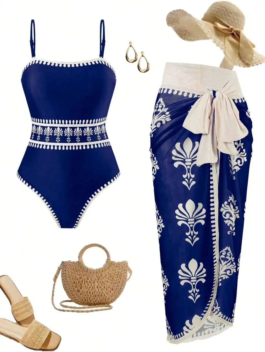 

Blue One-Piece Swimsuit With White Damask Trim And Matching Sheer Wrap Skirt For Beach Holiday Summer Outfit