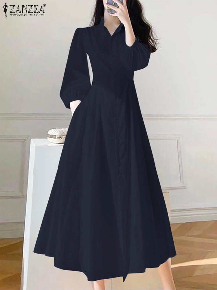 ZANZEA-Robe mi-longue à col montant pour femme, chemise à manches lanterne, robe évasée, streetwear décontracté, printemps, éducatif, 2025